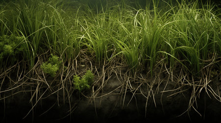 Rice seedlings growing in the field. 3D illustration.の素材