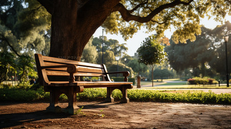 Bench under the big tree in the park at sunset, vintage styleの素材