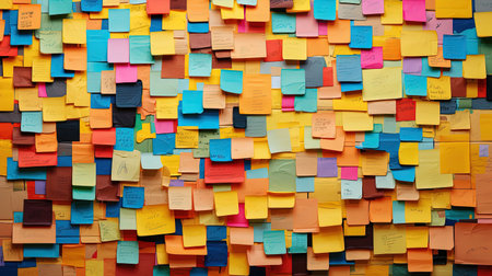 Colorful post it notes on a wall for use as a backgroundの素材