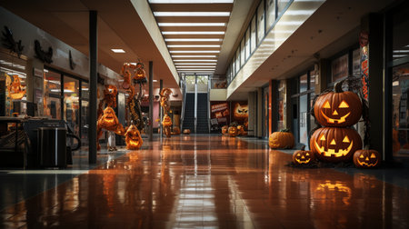 Halloween pumpkins in halloween shopping mall. 3d renderingの素材