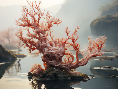 Giant red coral on a rock in the sea. 3d renderの素材
