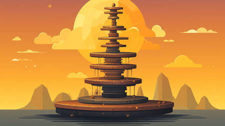 Tower Game illustration in the sunset. Game Assetの素材