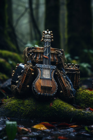 Musical instrument - Acoustic guitar on moss in the forest.の素材