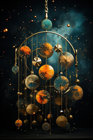 Vintage chandelier with clocks on a dark blue background.の素材