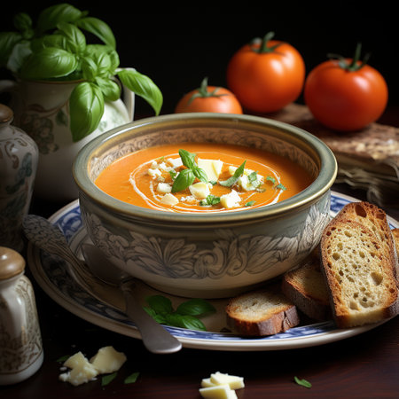 Creamy tomato soup with croutons and basil, selective focusの素材