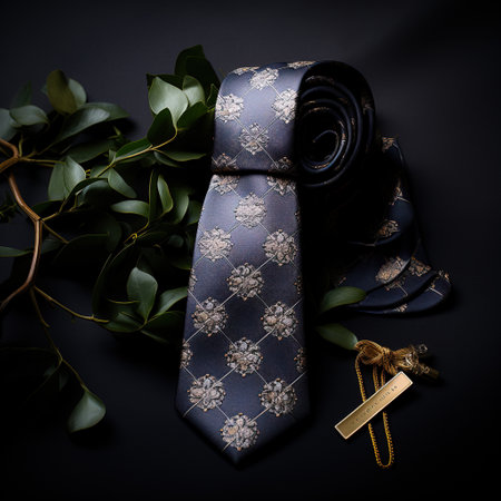 Necktie and bow tie on black background with eucalyptus branchの素材