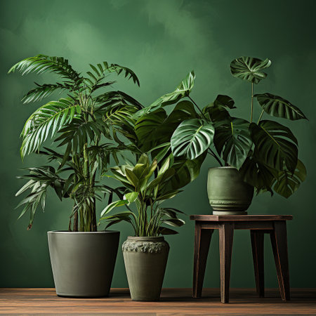 Monstera in a pot on a wooden table. 3d renderingの素材