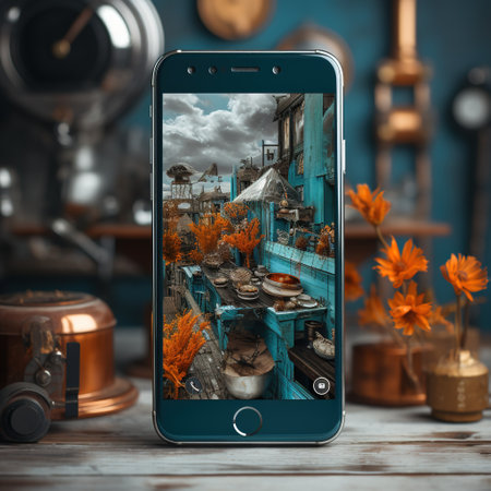 Smartphone with image of old village on screen. 3d renderingの素材