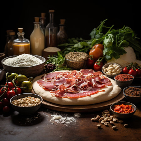 Pizza with ham and ingredients for cooking on a dark background.の素材