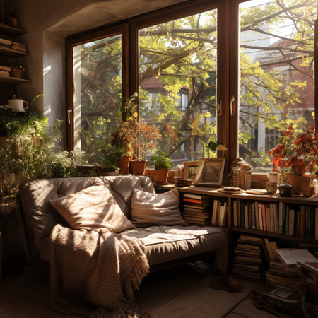 Cozy living room interior with bookshelf, sofa and plantsの素材