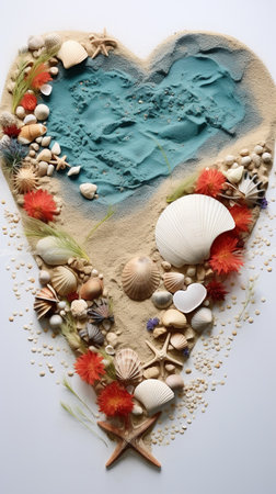 diorama of a heart-shaped coastal scene with a modern and abstract aesthetic, a romantic beach setting craft artの素材