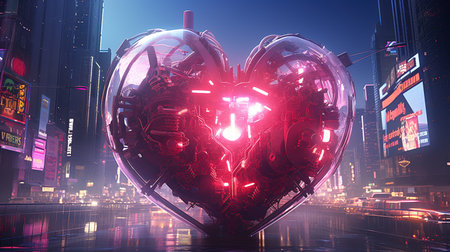 Cyberpunk-themed graphic art displaying a neon heart-shaped hologram, interpretation of love, Futuristic graphic art, Valentineの素材