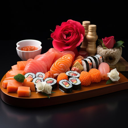 diorama of sushi arrangement shaped into hearts, maki rolls, sashimi, and nigiri, Valentine's Day celebrationの素材