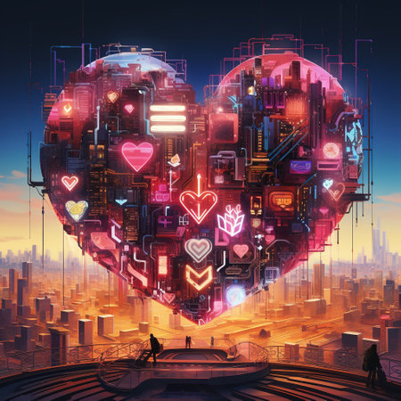 Cyberpunk-themed graphic art displaying a neon heart-shaped hologram, interpretation of love, Futuristic graphic art, Valentineの素材