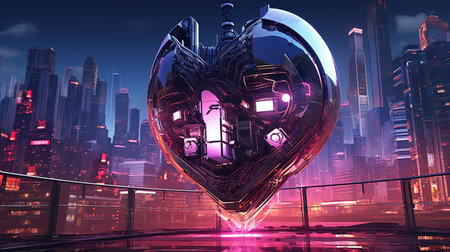 Cyberpunk-themed graphic art displaying a neon heart-shaped hologram, interpretation of love, Futuristic graphic art, Valentineの素材
