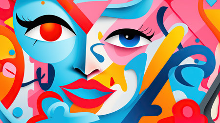 Abstract colorful background with geometric shapes and female faces. Vector illustration.の素材
