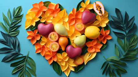 A paper craft art piece showcasing heart-shaped mango slices and papaya chunks, meticulously crafted from paper, symbolizing an exotic, love, passion of valentine's dayの素材