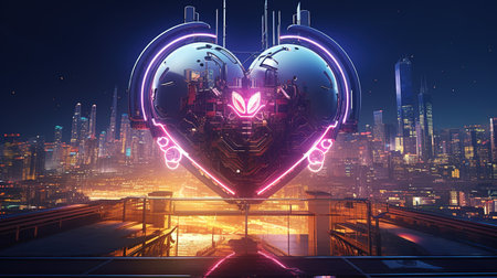 Cyberpunk-themed graphic art displaying a neon heart-shaped hologram, interpretation of love, Futuristic graphic art, Valentineの素材