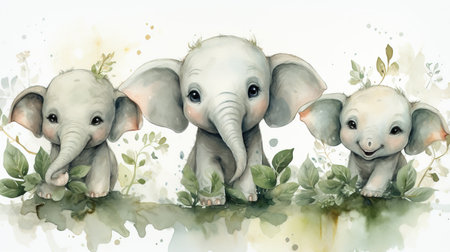 Watercolor illustration of cute baby elephants with flowers and leaves on a white backgroundの素材