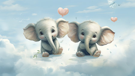 Two cute baby elephants sitting on the clouds with balloons in the skyの素材