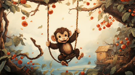 monkey on a swing in the forest - illustration for the children.の素材