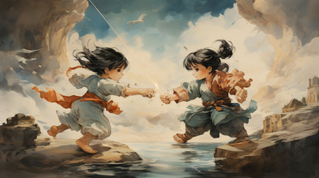 Fantasy scene with a boy and a girl playing kung fuの素材