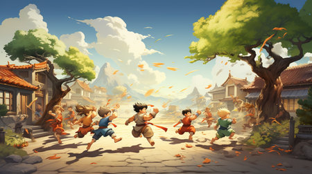 Cartoon scene with ancient town and people running - illustration for childrenの素材