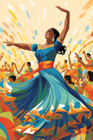 illustration of Indian woman dancing in the music festival, vector illustrationの素材