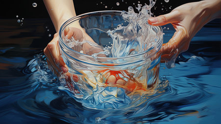 Hyper-Realistic Art Close up of human hands holding glass bowl with water and splashesの素材