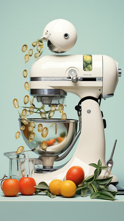Hyper-Realistic Art of a robotic kitchen mixer with fruits and vegetables on blue backgroundの素材