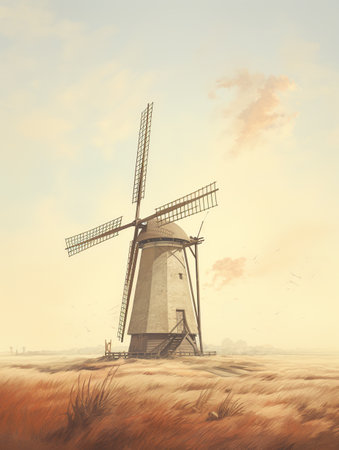 Old windmill on a foggy meadow. Vintage style toned pictureの素材