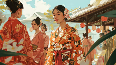 3D rendering of a group of Japanese people wearing traditional kimonoの素材
