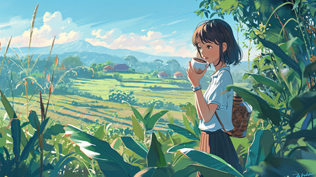 Illustration of a girl drinking coffee in the jungle with mountains backgroundの素材