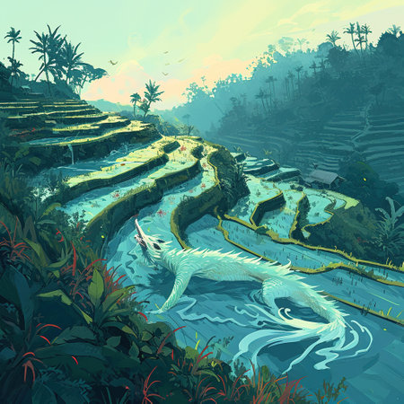 Illustration of rice terraces in Bali, Indonesia, Asia.の素材