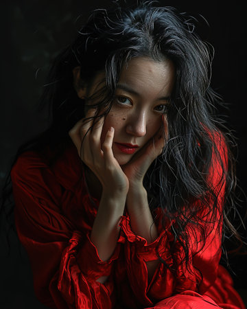 Portrait of a beautiful Asian woman in a red dress on a dark backgroundの素材