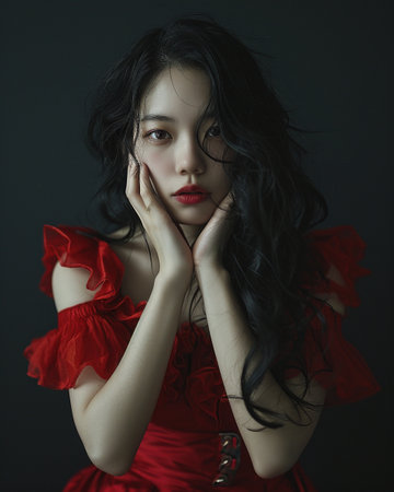 Portrait of beautiful asian woman in red dress on black backgroundの素材