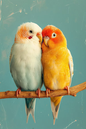 Two lovebirds sitting on a branch, isolated on a blue backgroundの素材