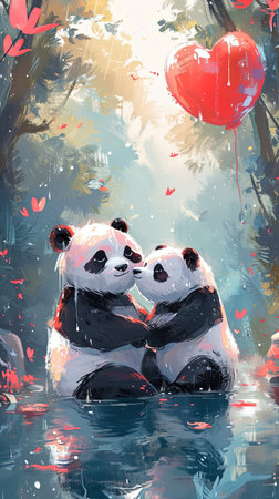 Panda couple in love with red heart shape balloon, illustration paintingの素材