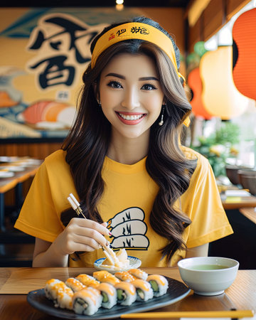 Beautiful asian woman eating sushi in a restaurant. Asian female modelの素材