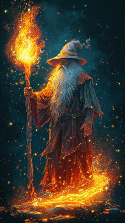 Old wizard with a burning flambeau on a dark backgroundの素材