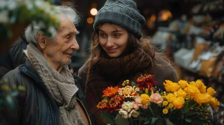 Elderly couple with flowers on the street in the city.の素材