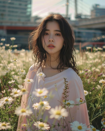 Beautiful asian girl with chamomile flowers in the gardenの素材