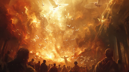 Zombie apocalypse with fire and smoke in the church, Halloween conceptの素材