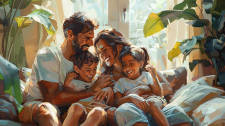 Happy family of four having fun at home. Father, mother and children playing together.の素材