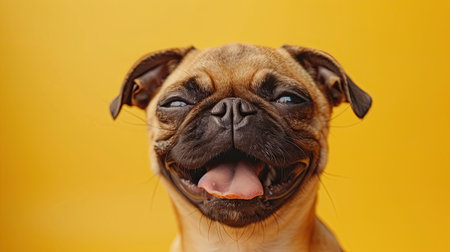 A playful Pug with its wrinkles and underbite against a yellow backgroundの素材