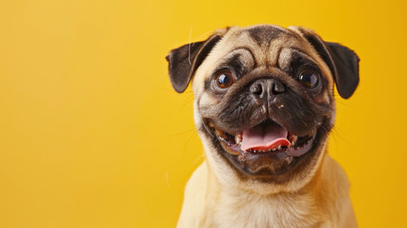 A playful Pug with its wrinkles and underbite against a yellow backgroundの素材