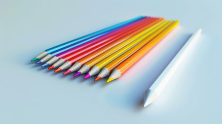 Photo of Photorealistic art of a set of colored pencils with freshly sharpened tips, arranged in a rainbow spectrum on a light blue table with a single, sharpened white pencil at the end. Solid white background. , photorealistic, hyperrealistic --ar 16:9 Job ID: de584ed5-23a3-4b68-8d7e-027e517ef1afの素材