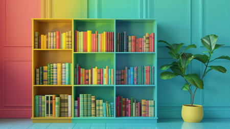 Photo of bookshelf with neatly arranged storybooks and colorful covers , isolated on simple pastel color background, photorealistic, hyperrealistic --ar 16:9 Job ID: 435d3734-423a-42d7-83c4-20456cd2a979の素材