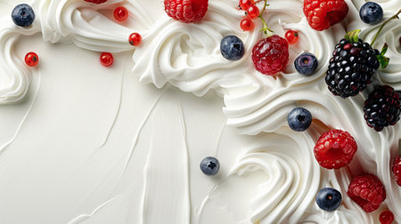 Clean advertising template with a swirl of whipped cream and berries on one corner, leaving room for text on a white background, --ar 16:9 Job ID: 0c364d6c-e798-41ab-96ba-9a274840a222の素材