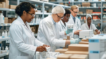 Photo of a diverse group of pharmaceutical workers in pastel lab coats, packaging medicine, with space for text, shot with a 50mm lens at f/1.8, --ar 16:9 Job ID: ba6f36b6-2f3d-4096-a17a-db138c508ec3の素材